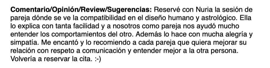 Texto en un documento que habla sobre una sesión con Nuria para discutir compatibilidad en diseño humano y astrológico, y la recomendación de reservar citas para mejorar relaciones.
