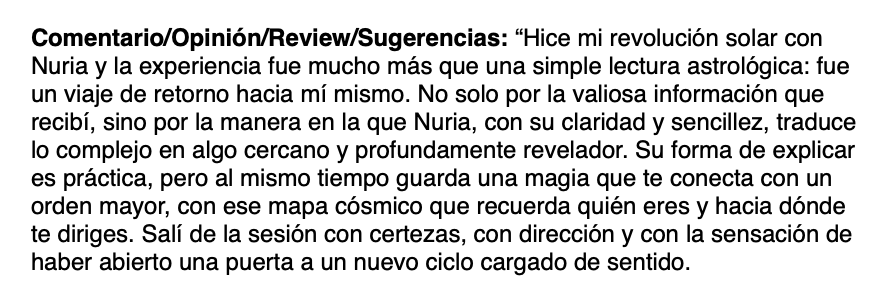Texto que describe una experiencia personal sobre una revolución solar con Nuria, mencionando la conexión con el cosmos y un ciclo cargado de sentido.
