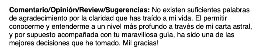 Comentario en español agradeciendo la claridad y guía de la carta astral, y destacando la decisión importante tomada.