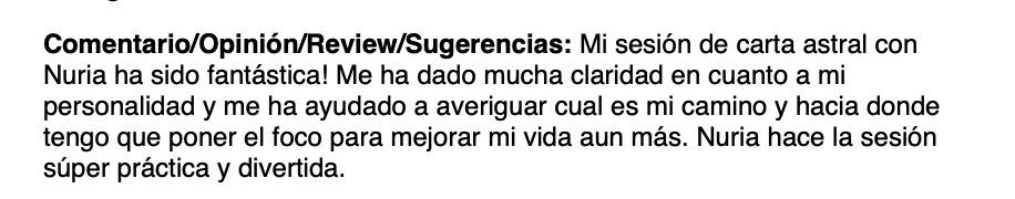Reseña positiva sobre una sesión de carta astral realizada por Nuria, destacando la claridad, ayuda para conocer mejor su camino y disfrutar de la sesión.