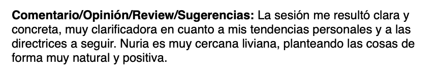 Texto en español que da una opinión positiva sobre una sesión, destacando su claridad, enfoque en tendencias personales, y la cercanía y naturalidad de Nuria.