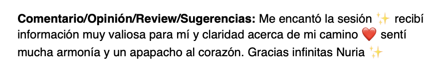 Texto de comentario con emojis de estrellas, corazón, y brillo, expresando felicidad, satisfacción y agradecimiento por una sesión valiosa y armoniosa.