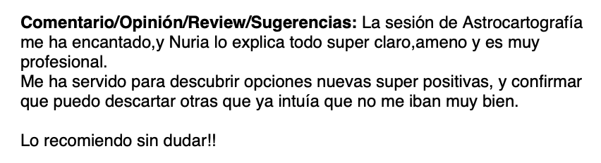 Texto con una revisión positiva de una sesión de Astrocografía, mencionando que fue muy clara, profesional y útil para descubrir nuevas opciones positivas.