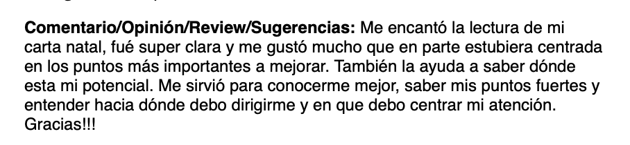 Texto en un recuadro que expresa una opinión positiva sobre una carta natal, mencionando claridad, puntos importantes y autoconocimiento.