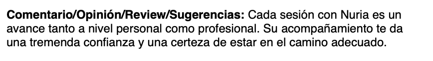 Texto en español que habla sobre la confianza y el acompañamiento en las sesiones con Nuria.