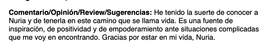 Texto en español que expresa agradecimiento a Nuria por su inspiración y apoyo en la vida.