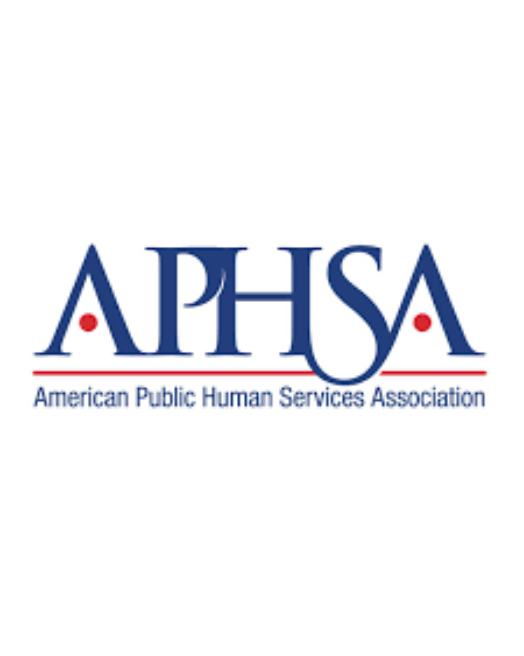 Logo of the American Public Human Services Association, featuring the acronym APHSA in stylized blue letters with red dots and a red line underneath, with the full name beneath.