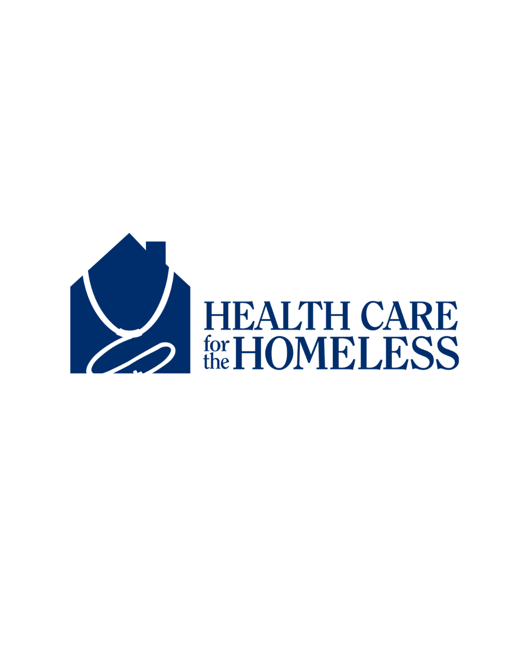 Logo for Healthcare for the Homeless featuring a house with a stethoscope and the text Healthcare for the Homeless in blue.