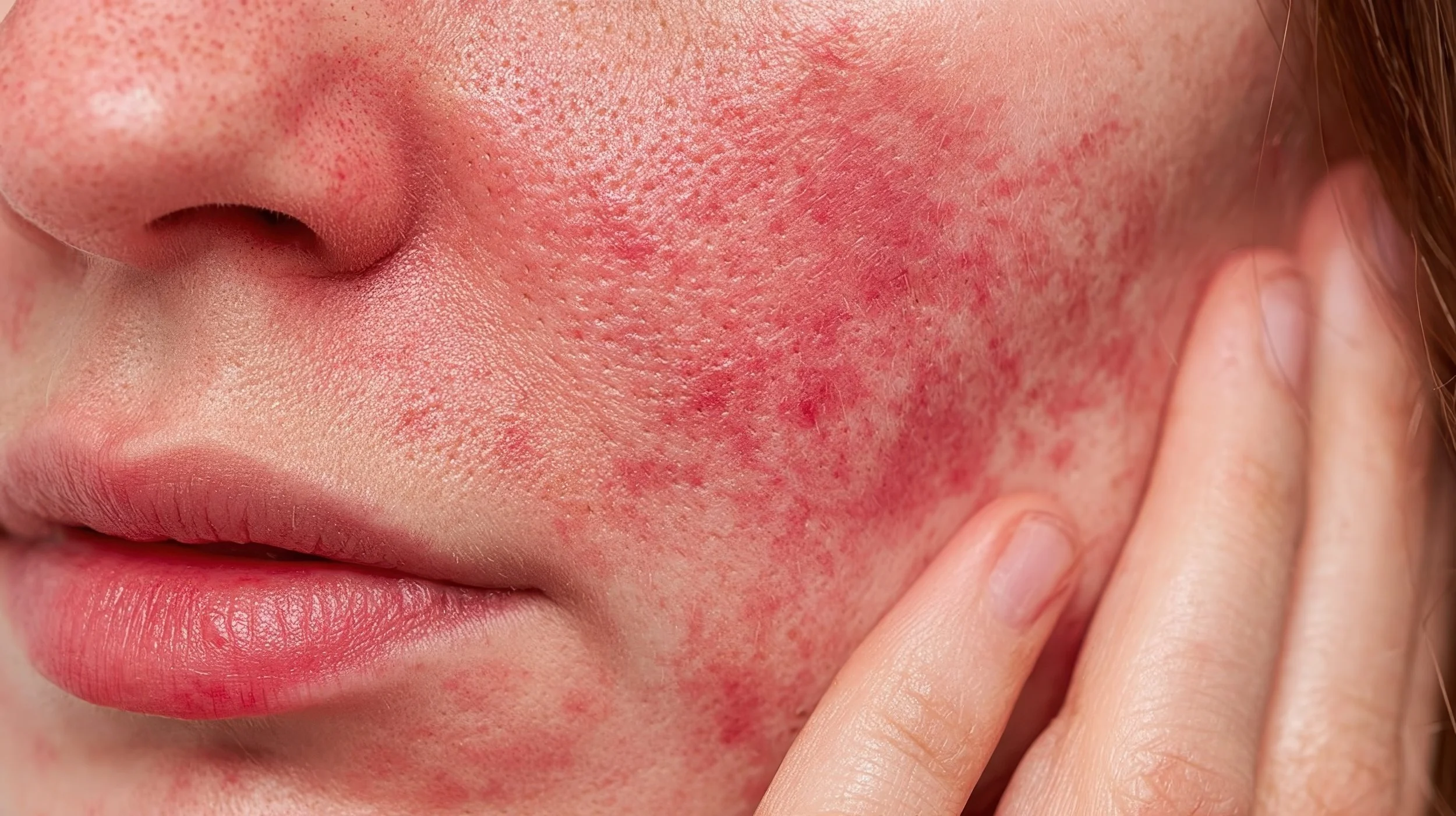 Close-up of a person's face showing skin redness and irritation on the cheek, with a hand gently pressing the skin.