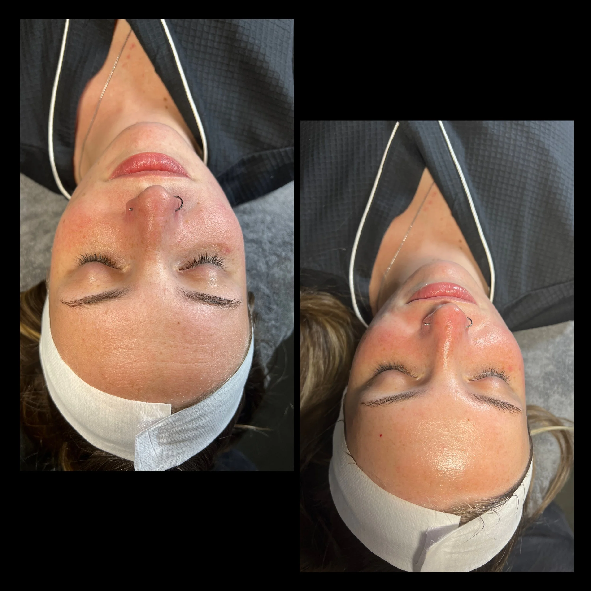A woman lying down with her eyes closed, showing her face, nose piercing, and wearing a black textured shirt with white piping.