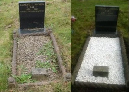 Comparison of a grave before and after cleaning and renovation, showing the headstone with inscriptions and a bed of white stones.