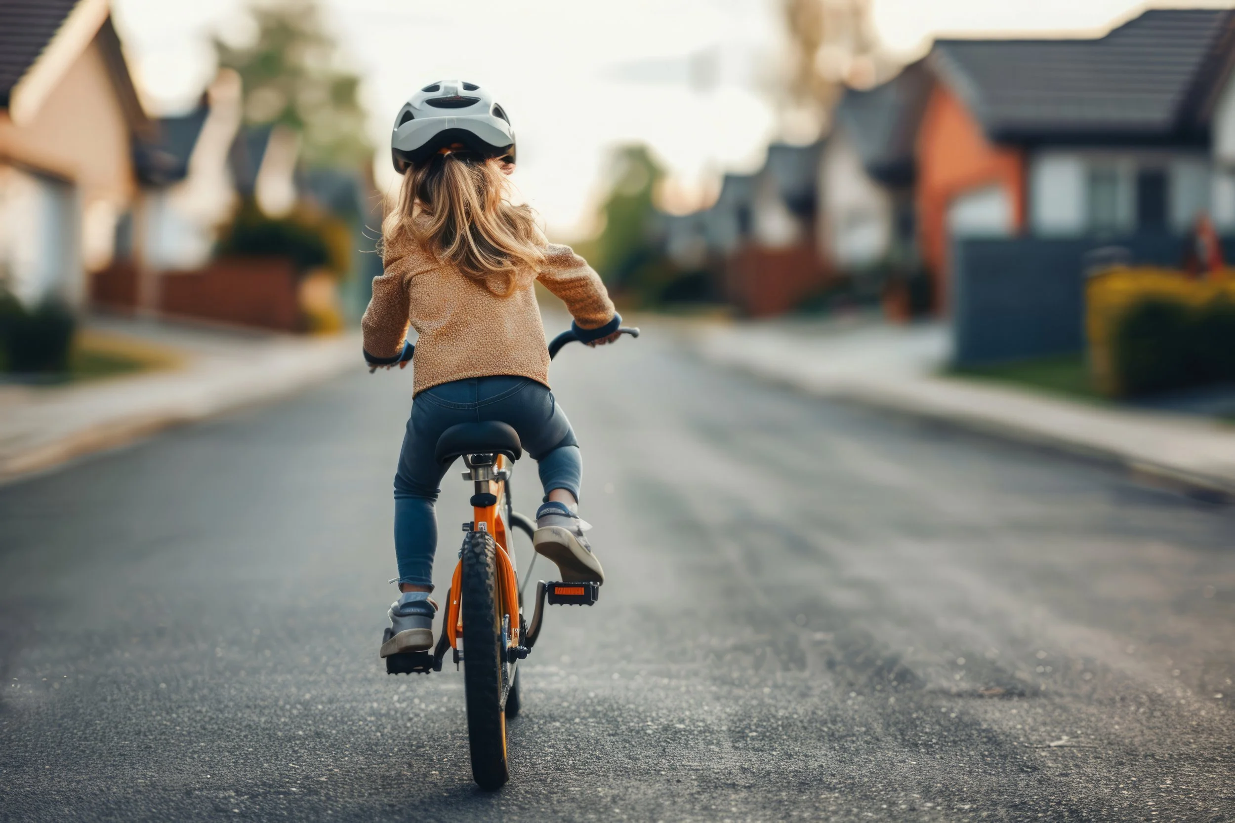 A young girl wearing a helmet riding a bicycle on a residential street with houses in the background during daylight.