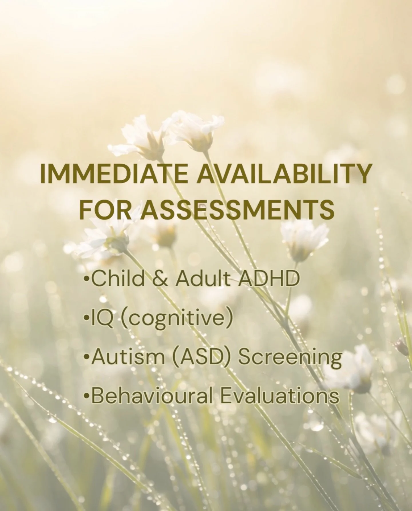ASSESSMENT AVAILABILITY
 
Due to increasing my clinic days, I now have immediate availability for the following assessments ⤵️
~ ADHD
~ ASD
~ Learning Disabilities
~ Behavioural Disorders
~ Personality Disorders 
~ Adaptive Functioning
 
📞 Call @all