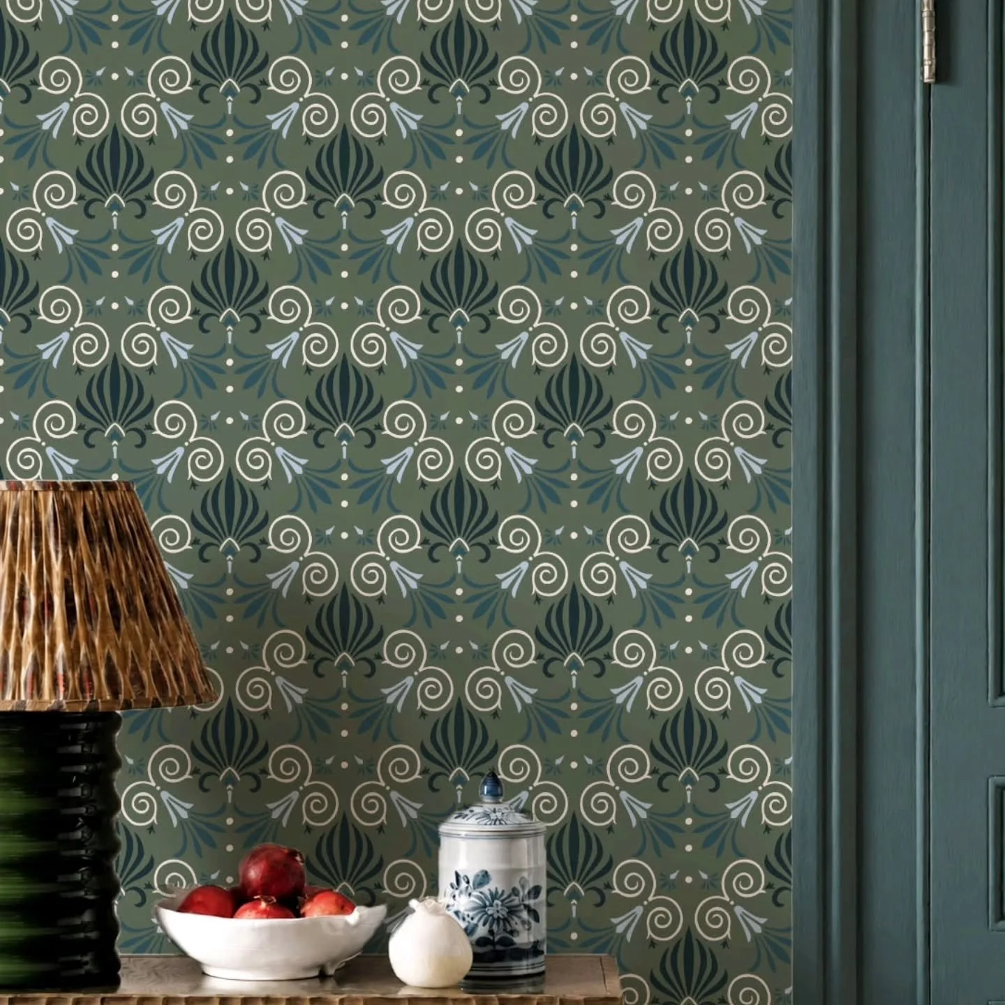 Not every wallpaper is meant to disappear into the background.

This design was inspired by the anthemion, a decorative motif with roots in classical architecture. But my goal wasn't to recreate a historical pattern.
I wanted to create something that