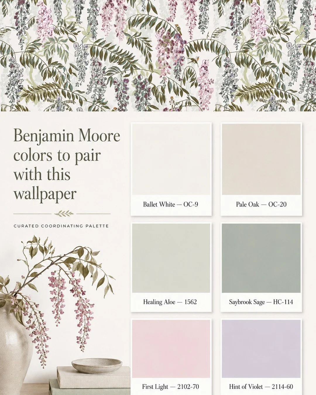 A wallpaper is never just a wallpaper; it sets the mood for the whole room.For this Wisteria wallpaper, I explored a soft Benjamin Moore palette to imagine how it could live in a residential interior. Warm neutrals, muted greens, blush pink and a pal