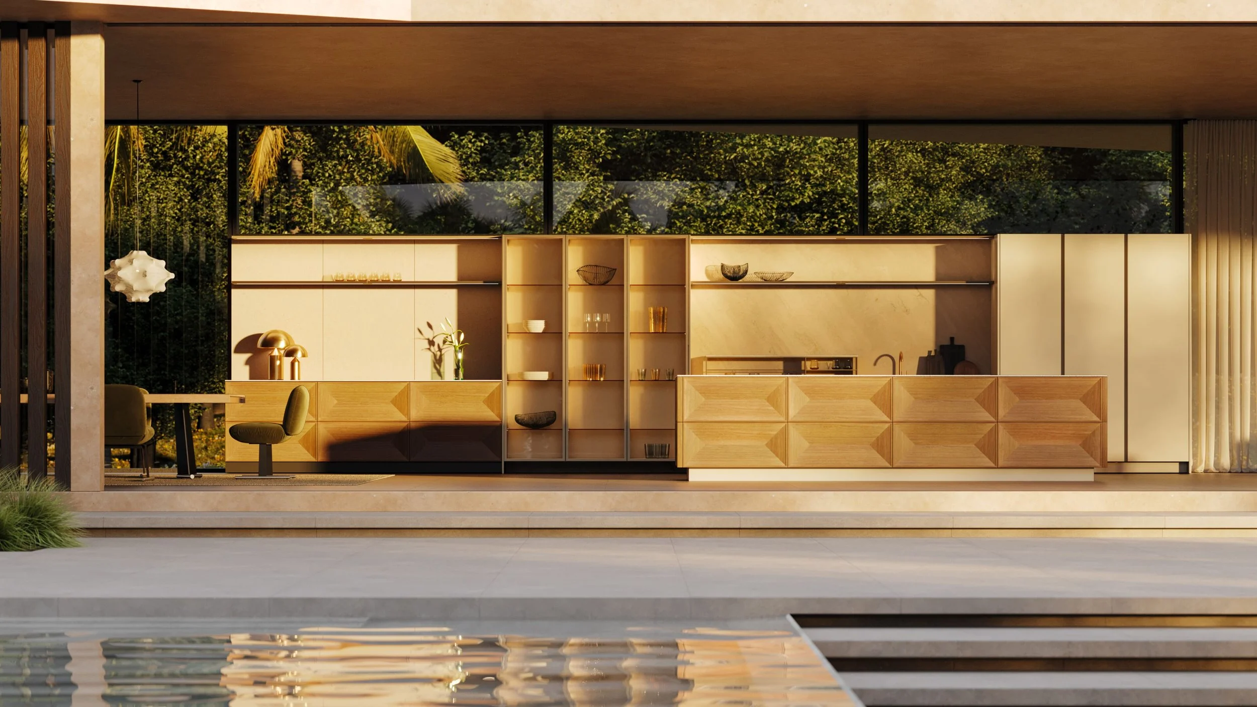 Modern outdoor kitchen and patio with wooden cabinetry, built-in sink, and shelving, overlooking a lush green landscape.