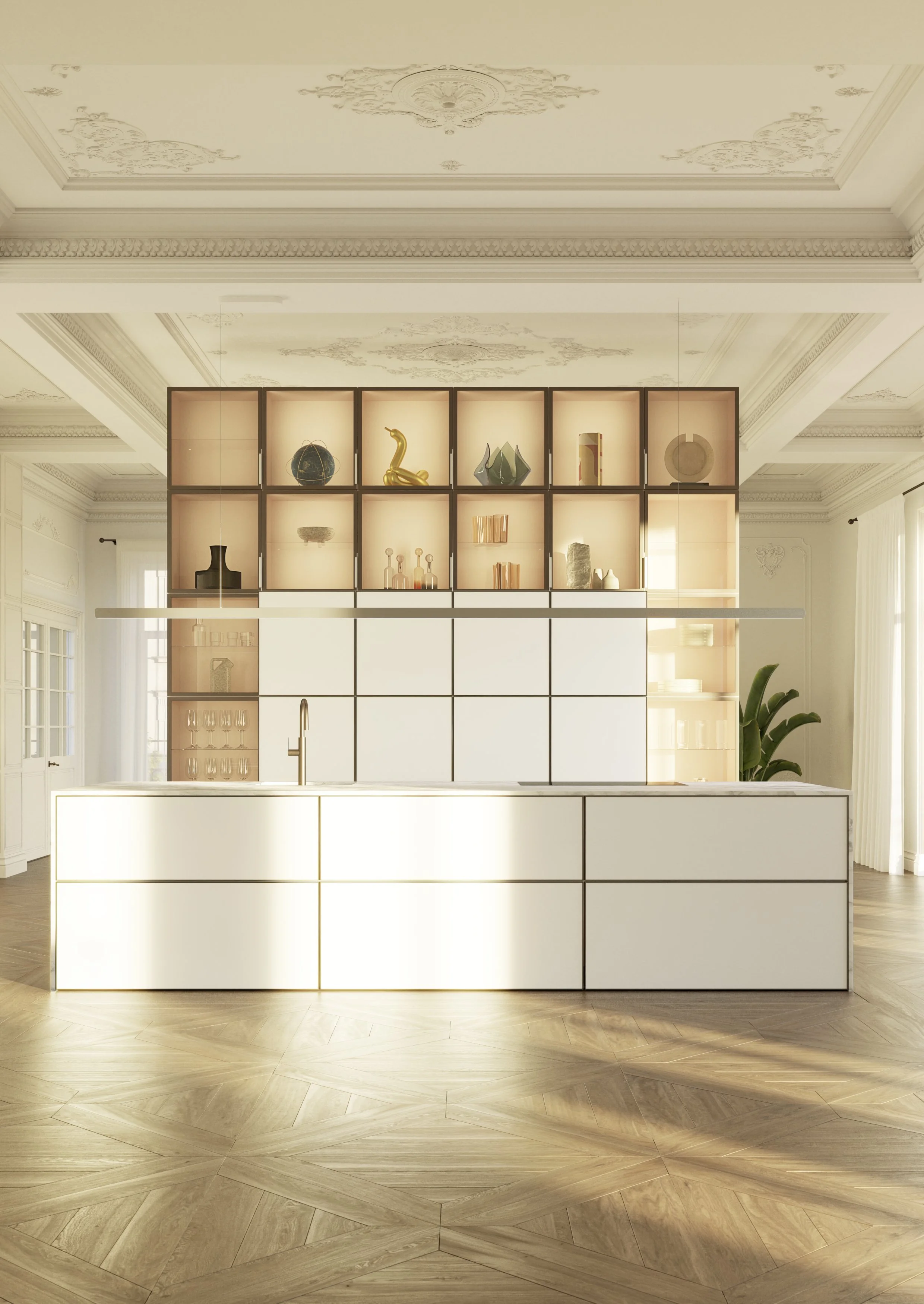 Modern kitchen with a white island and a wooden shelving unit with decorative items against the wall, natural light coming from windows with white curtains, and herringbone wood flooring.