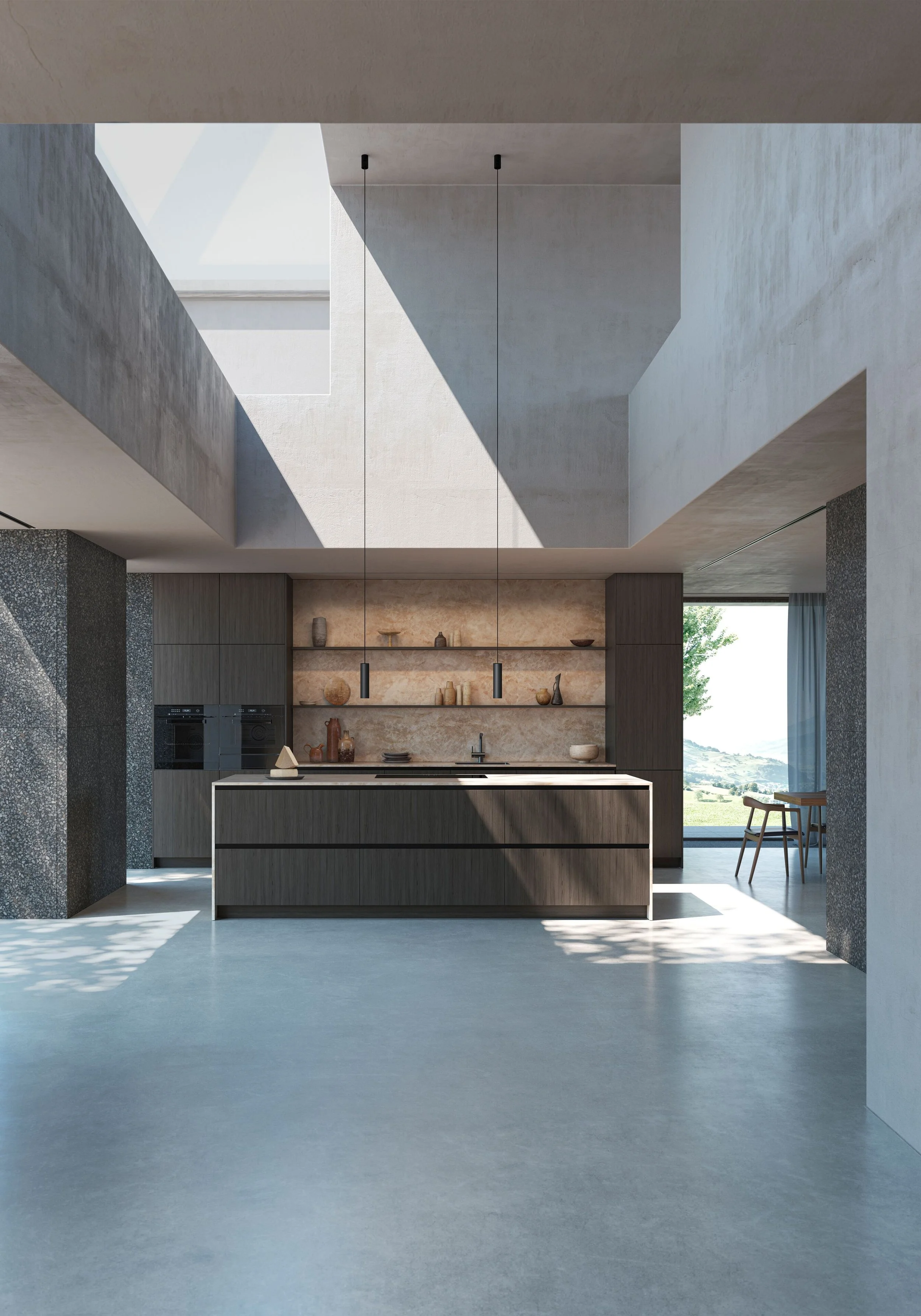 Modern kitchen with a central island, open shelving with decorative items, and large windows allowing natural light.