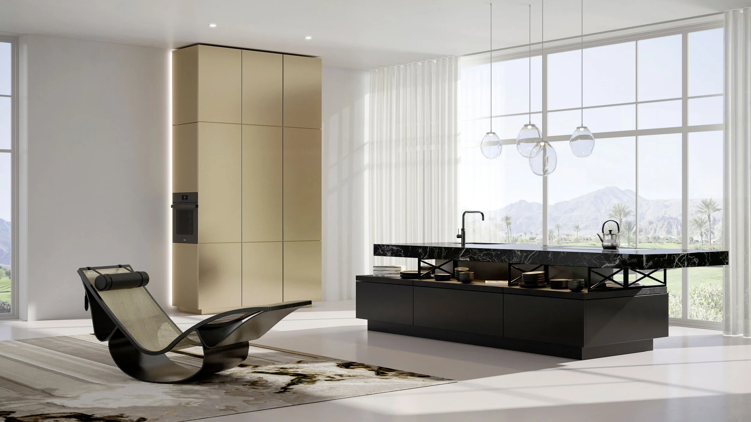 Modern kitchen with beige cabinets, black marble island, large windows with mountain view, pendant lights, and a lounge chair nearby.