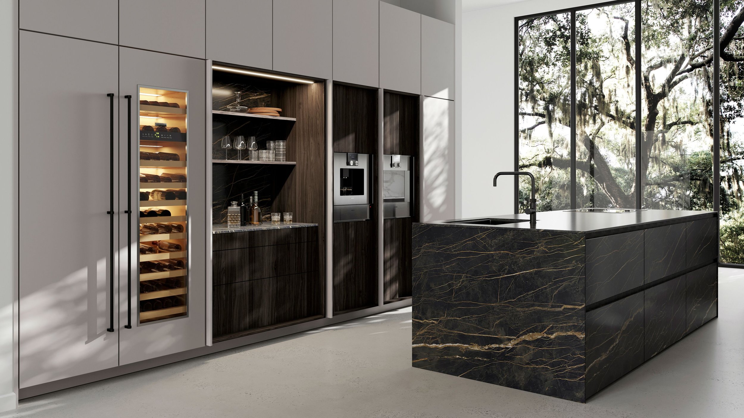 Modern kitchen with black and gold marble island, built-in wine fridge, and large window showing trees outside.