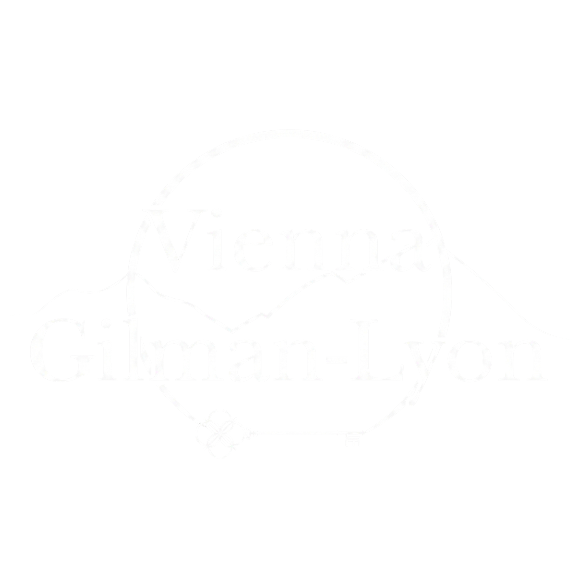 A black and white line drawing featuring the word 'Vienna' in large font inside a circle, with a mountain range in the background and strings of beads or necklaces hanging beneath.
