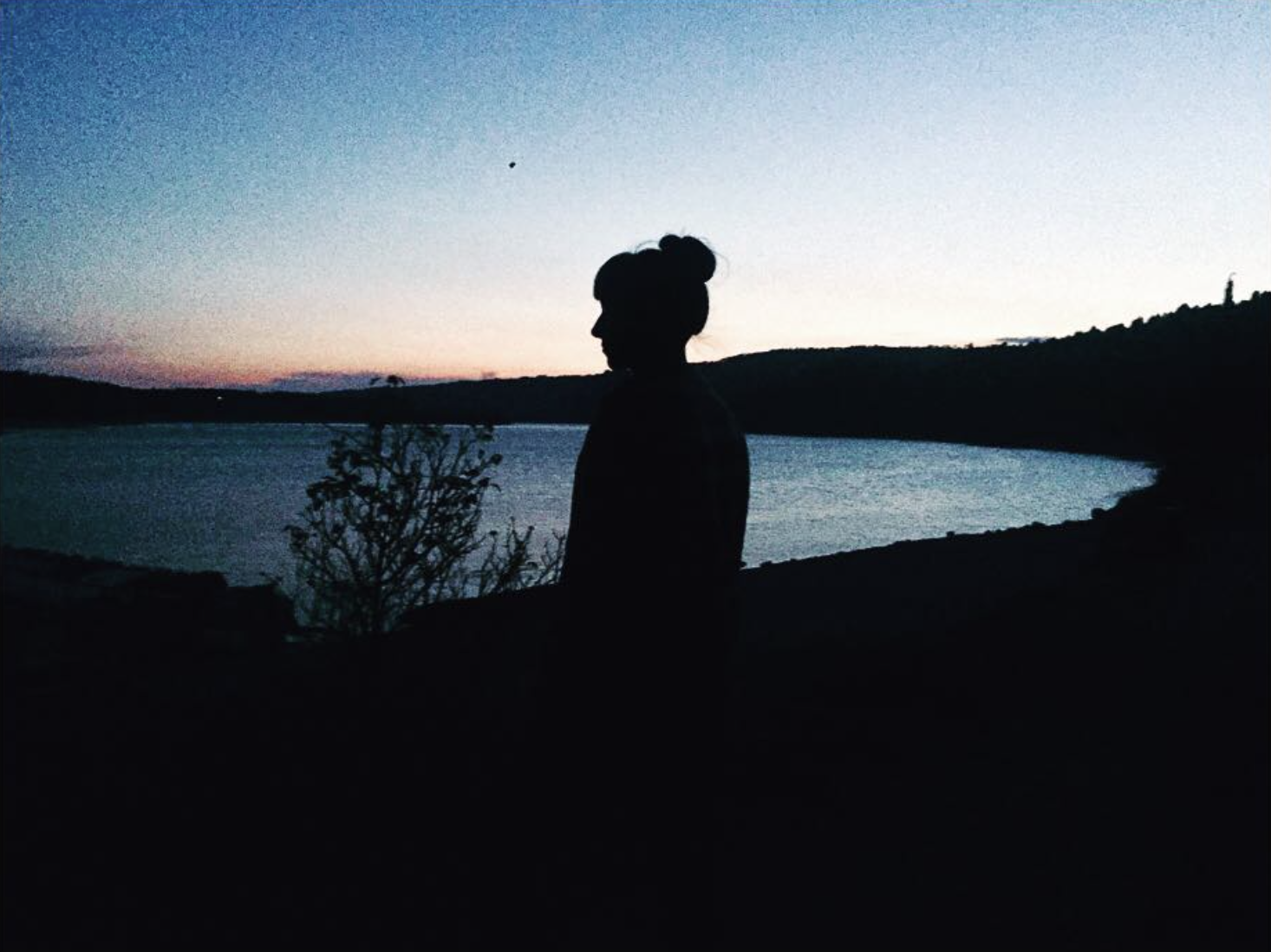 Silhouette of a woman with her hair in a bun, standing near a body of water at sunset or dusk, with a tree in the foreground and hills in the background.