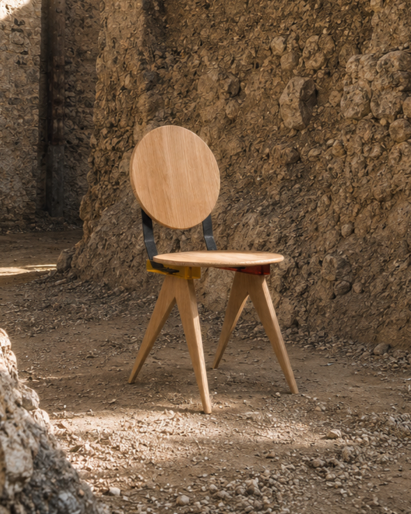 Chaise en bois dans un environnement en terre et pierres, probablement un site en construction ou en rénovation.