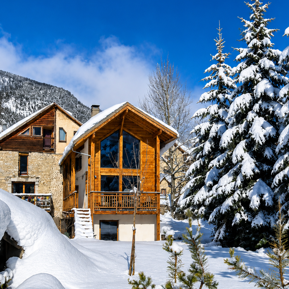Maison en bois dans un paysage enneigé avec des arbres couverts de neige et un ciel bleu.