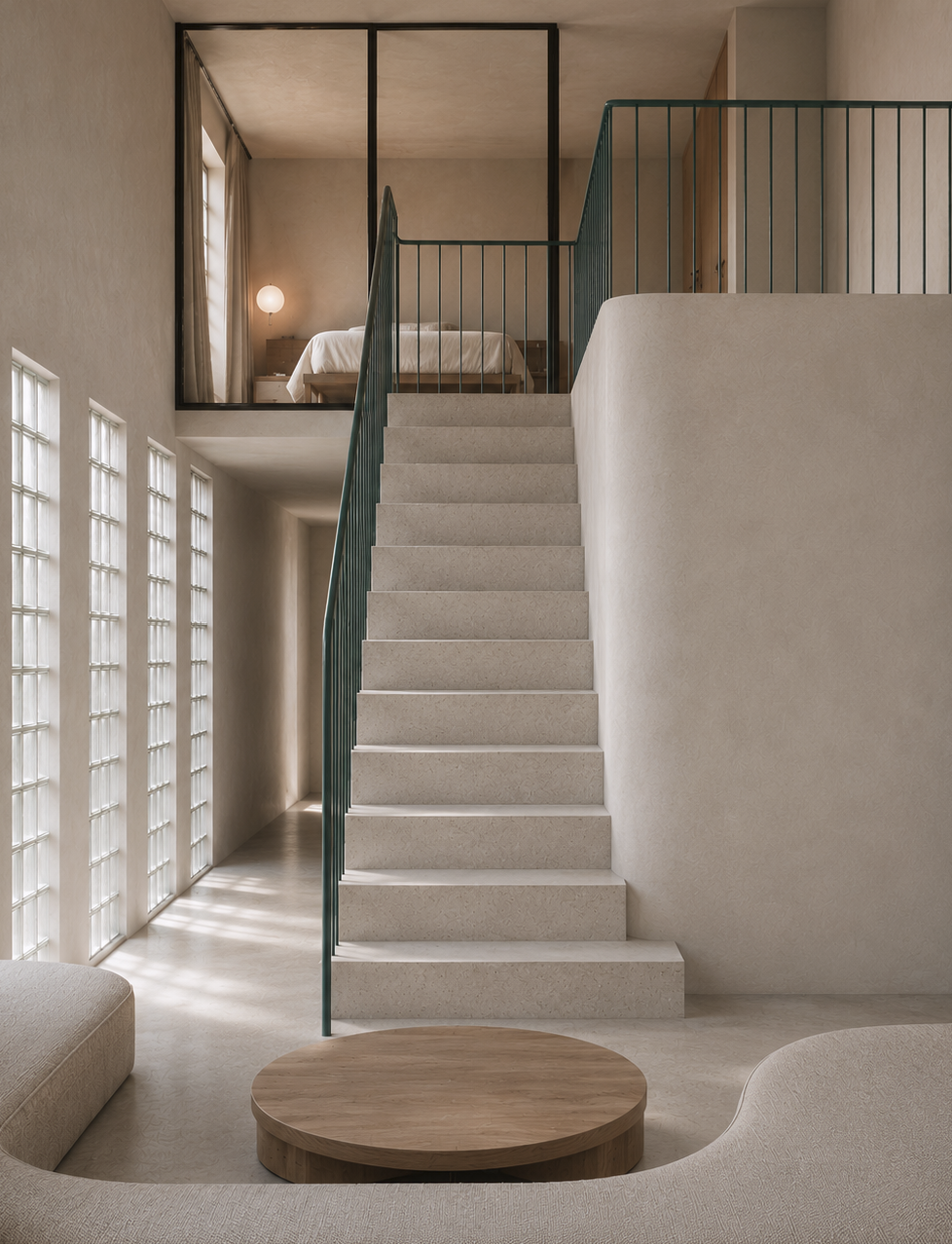 Intérieur d'un espace moderne avec escalier en béton menant à une chambre à coucher en mezzanine, murs en plâtre clair, luminaires doux, meubles minimalistes et lumière naturelle.