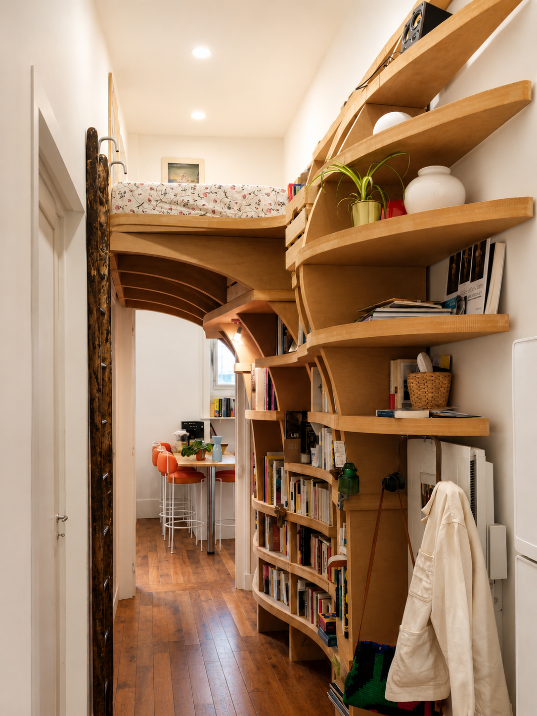 Intérieur d'un appartement avec un lit en mezzanine en bois, une étagère courbe en bois remplie de livres et d'objets, un coin lecture avec un tapis, une table et des chaises orange, le tout dans un style cosy.