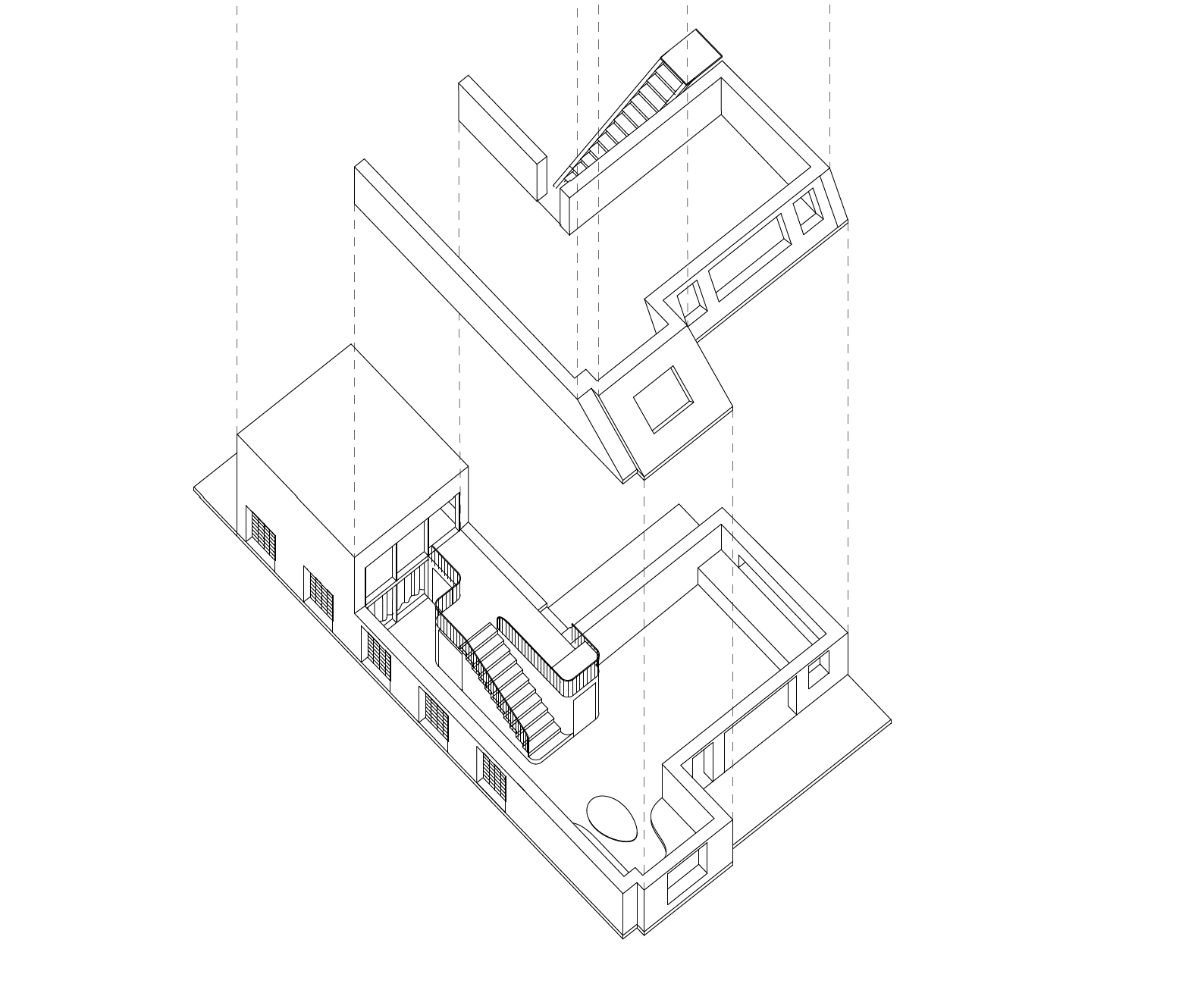 Plan architectural en ligne d'une maison, montrant plusieurs niveaux avec escaliers, fenêtres et murs.