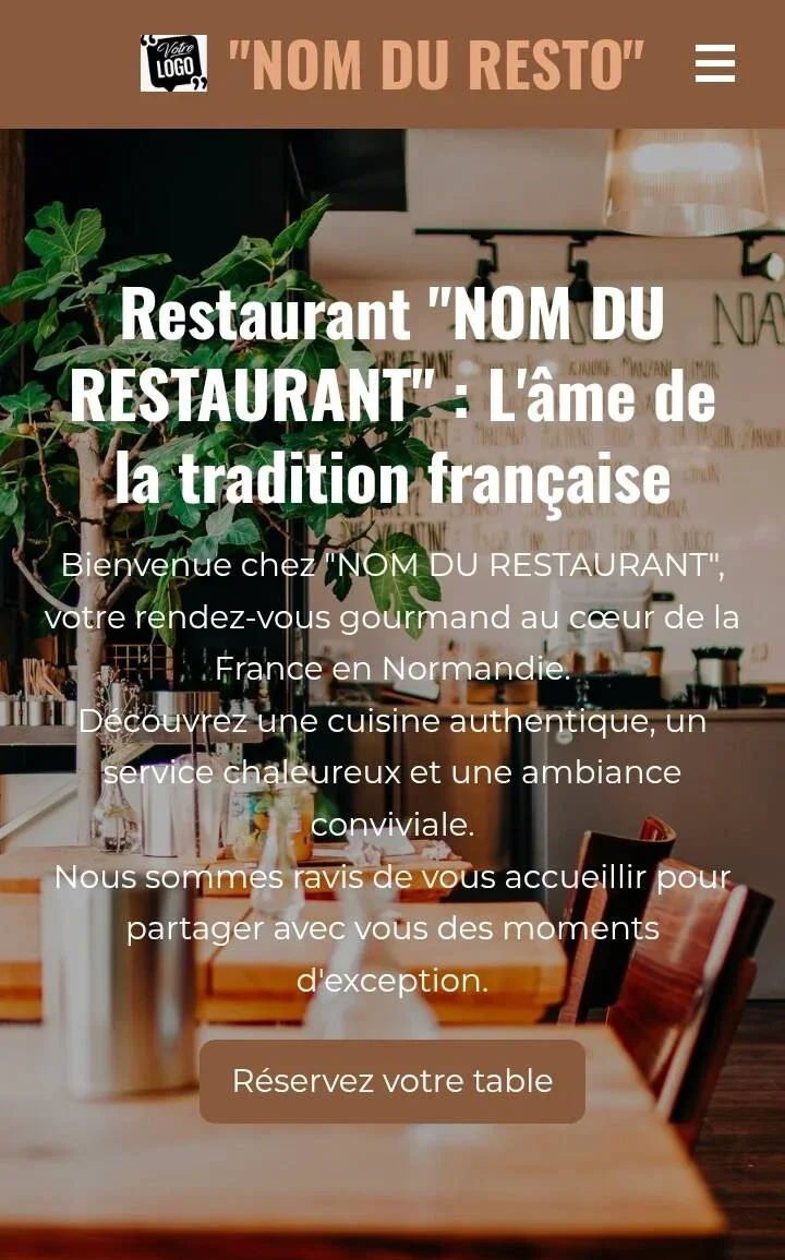 Page d'accueil d'un restaurant nommé "NOM DU RESTO" avec une ambiance chaleureuse, intérieur avec des plantes et des tables en bois, invitation à réserver une table.