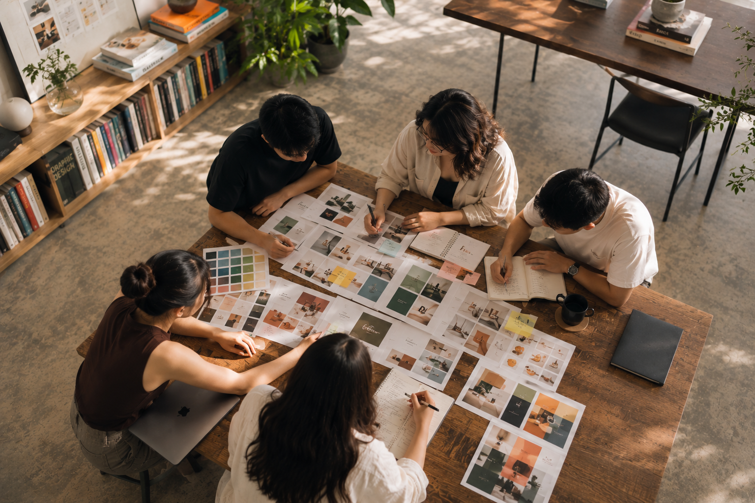 Overhead view of a creative team reviewing color palettes and concept boards during a brand identity research and strategy session