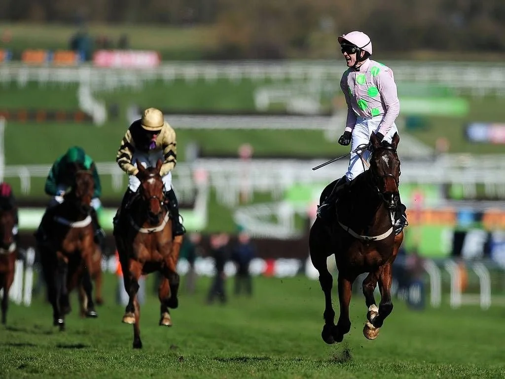 Jockey in pink and green silks riding a racehorse on a grassy racetrack with other horses and jockeys in the background.