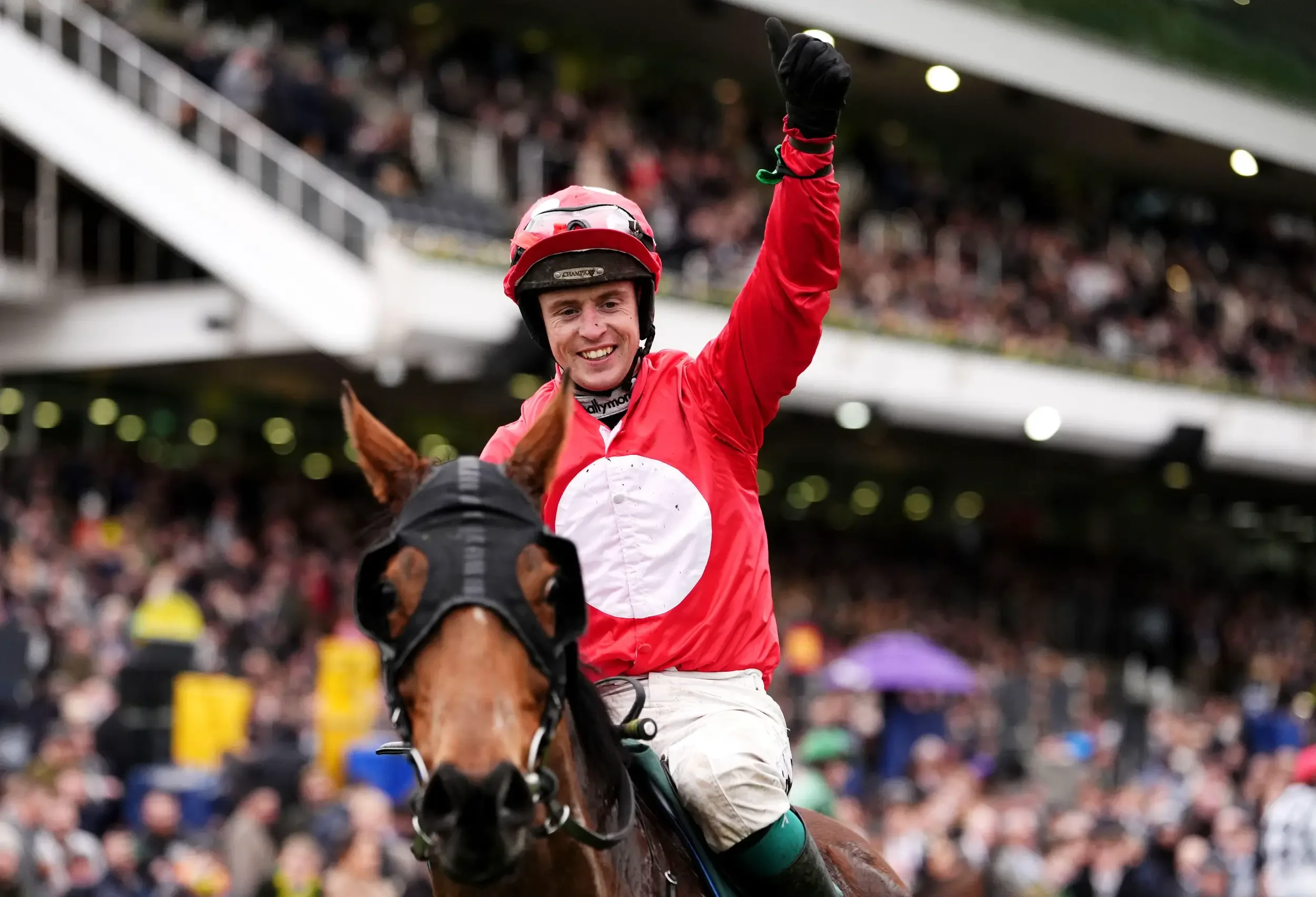 A jockey riding a horse at a horse racing event, celebrating with his hand raised and smiling, with a crowd in the background.