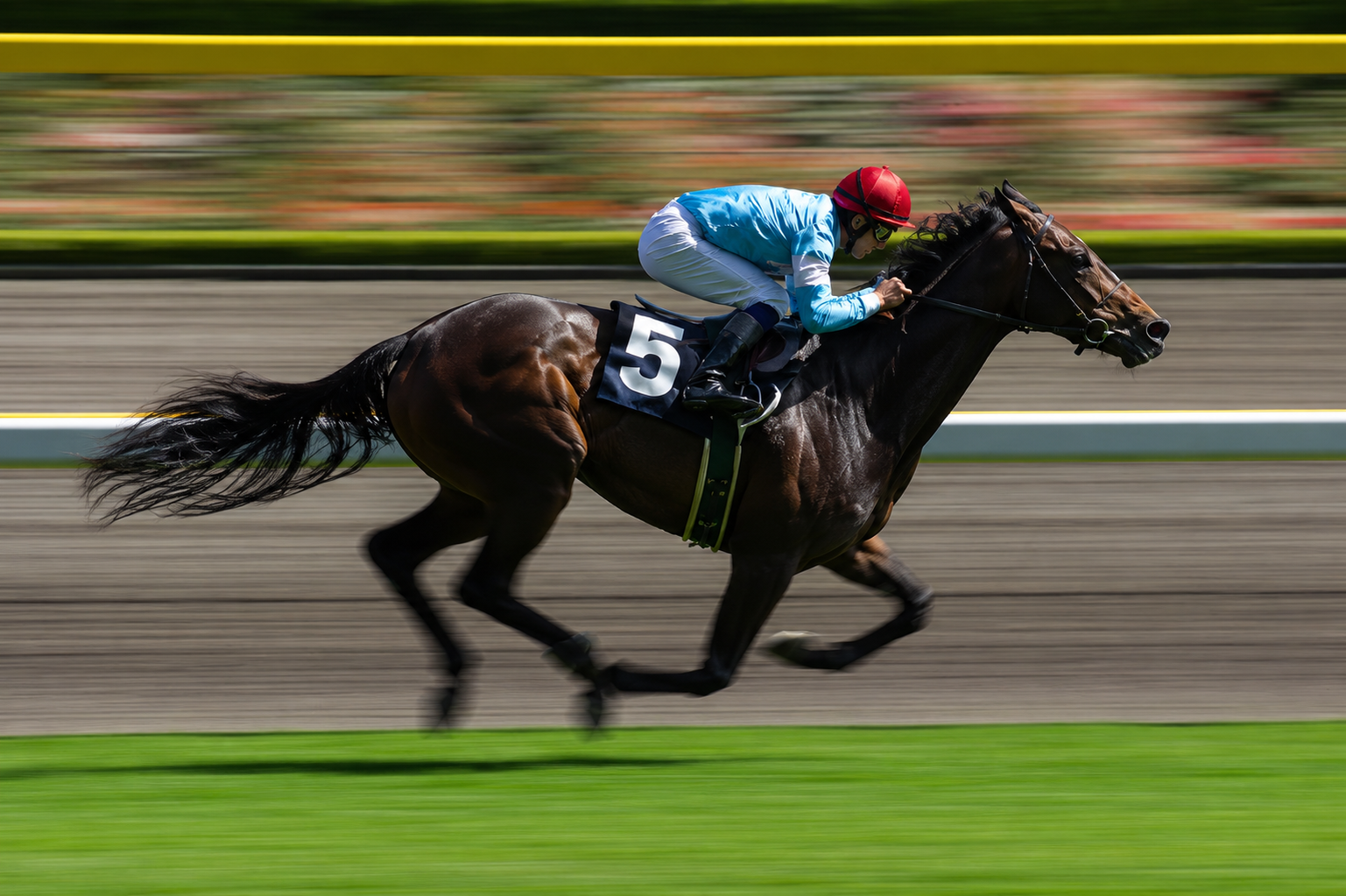 A jockey riding a dark brown horse during a race on a racetrack, with the horse wearing bib number 5 and the jockey in a light blue shirt, white pants, and a red helmet.