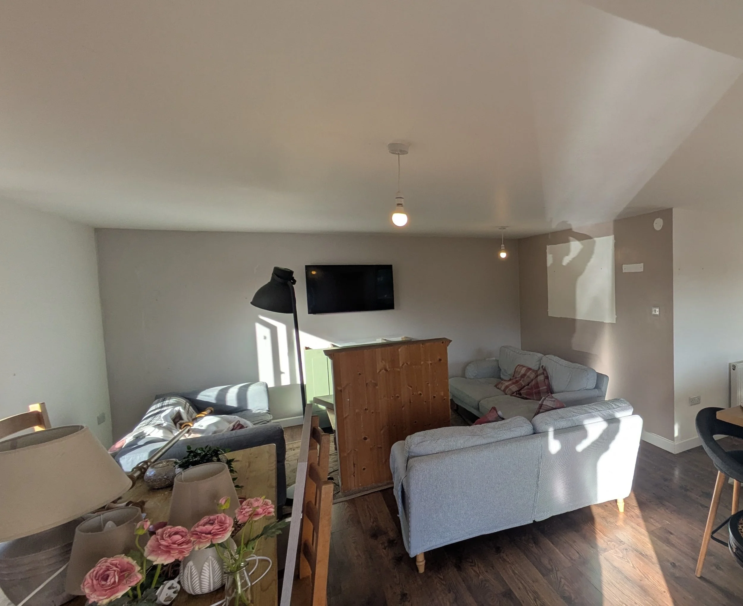 Living room with multiple couches, a television, two hanging light bulbs, a black floor lamp, a wooden bar, flower pots with pink flowers, and various items on the couches and table.
