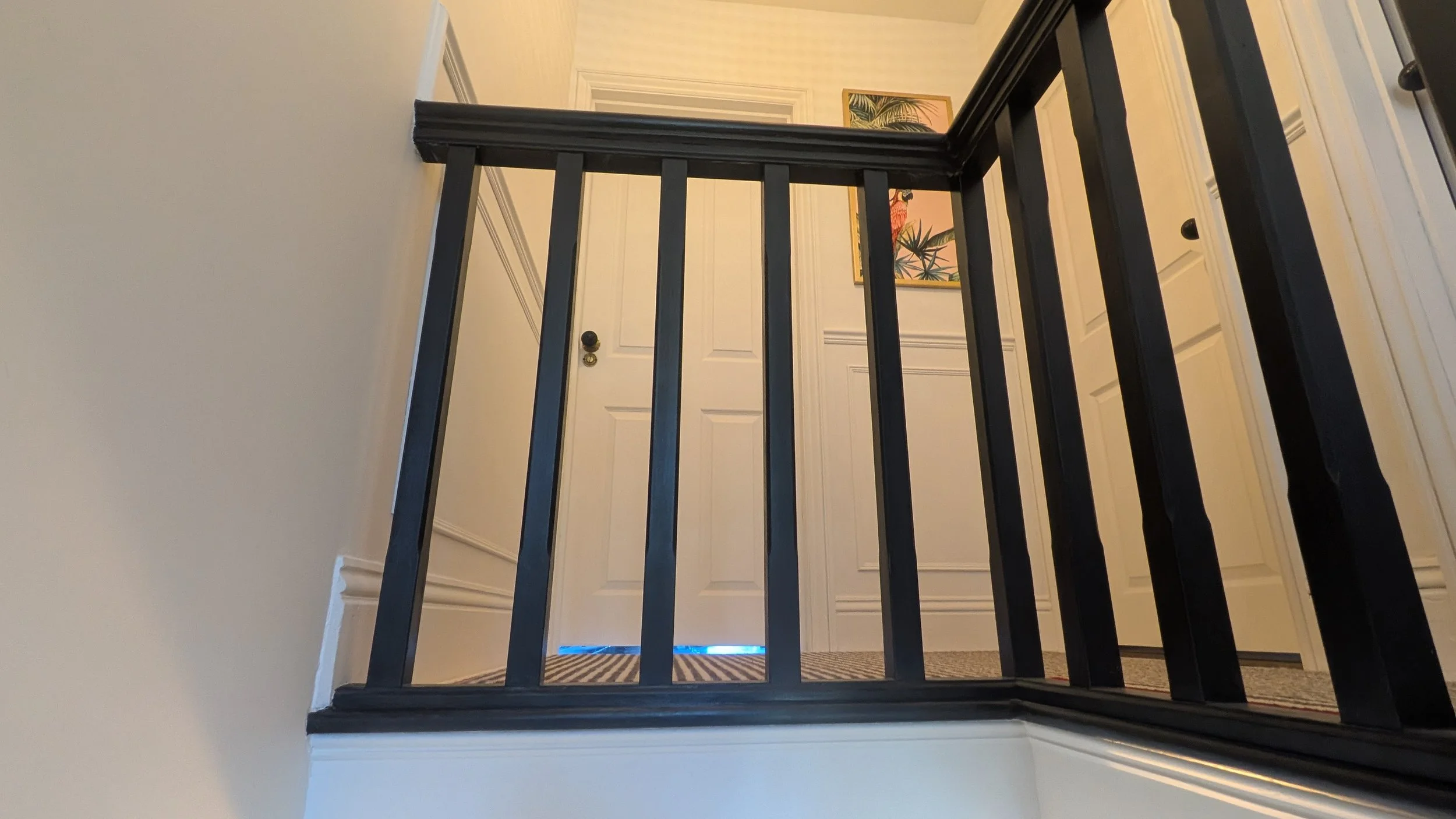 View from bottom of a staircase looking up at a landing with a white door and framed artwork with plants on the wall.