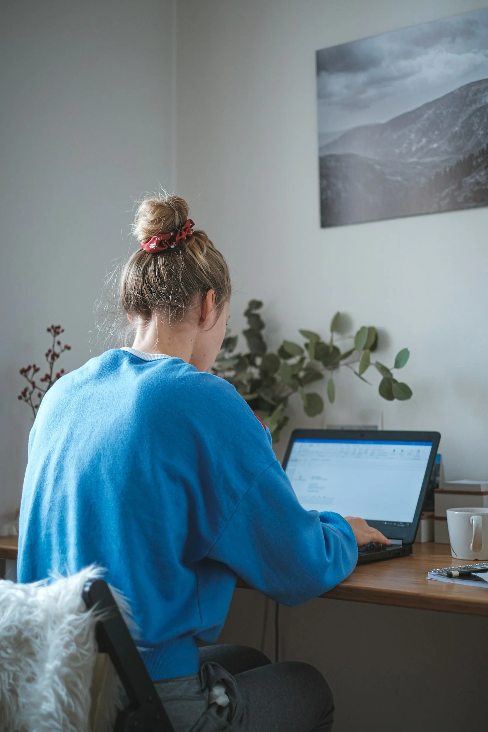 A person with blonde hair tied up with a red scrunchie, wearing a blue sweatshirt, working on a laptop at home. There are green plants and a mountain landscape picture on the wall behind them. A cup and a notebook are on the desk.