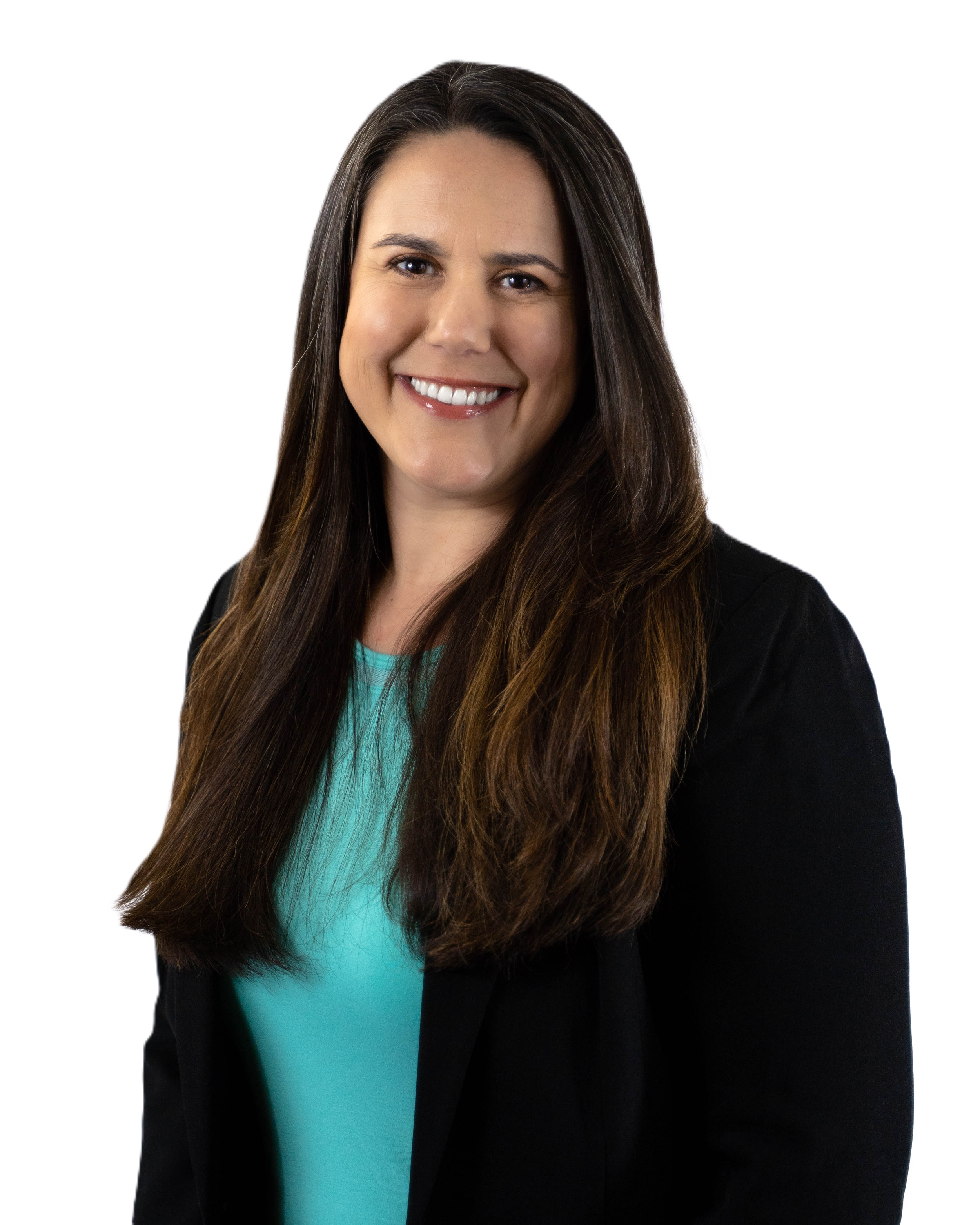 A woman with long brown hair smiling, wearing a black blazer and a teal top, against a black background.