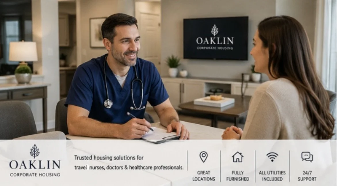 A healthcare professional, wearing blue scrubs and a stethoscope, talks to a woman in a beige sweater during a consultation in a well-lit office with a sign that reads 'Oaklin Corporate Housing'.