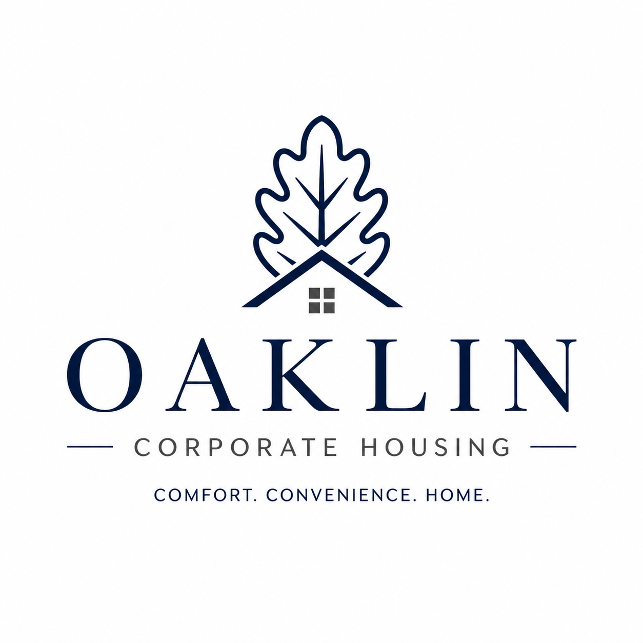 Logo for Oaklin Corporate Housing featuring a house with roof and window, and a tree in the background, with the tagline "Comfort, Convenience, Home."