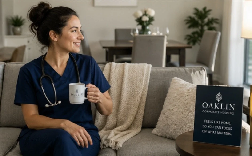 A woman dressed in blue medical scrubs with a stethoscope around her neck, sitting on a sofa, smiling, and holding a white mug with the logo 'OAKLIN'. There is a blanket over the back of the sofa, and a sign on a table that reads 'OAKLIN CORPORATE HOUSING. FEELS LIKE HOME, SO YOU CAN FOCUS ON WHAT MATTERS.' The background features a dining table, chairs, plants, and a window with blinds.