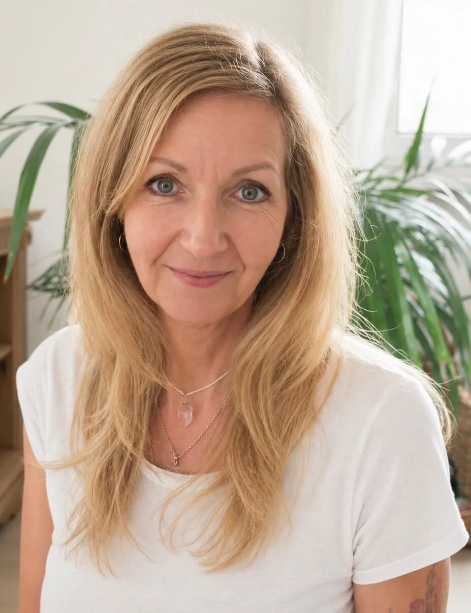 Nahaufnahme von Madeleine Gutmann, die in einem hellen Raum vor einem Fenster sitzt, umgeben von grünen Zimmerpflanzen.