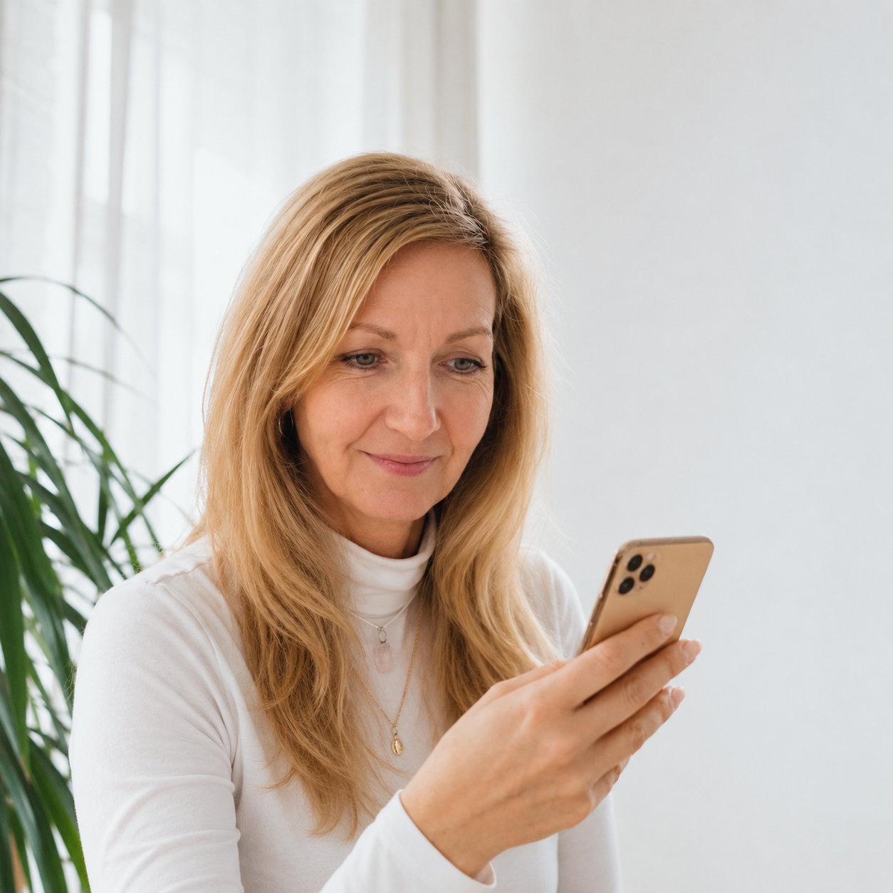 Frau mit hellblonden Haaren, weißen Oberteil und Goldschmuck, schaut auf ihr Smartphone in einem hellen Raum mit Pflanzen im Hintergrund.