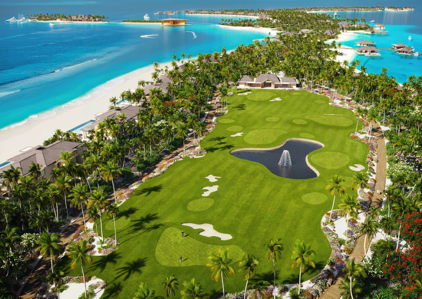 Aerial view of a luxury resort with overwater bungalows, a green golf course, and a beach with turquoise water surrounded by palm trees.
