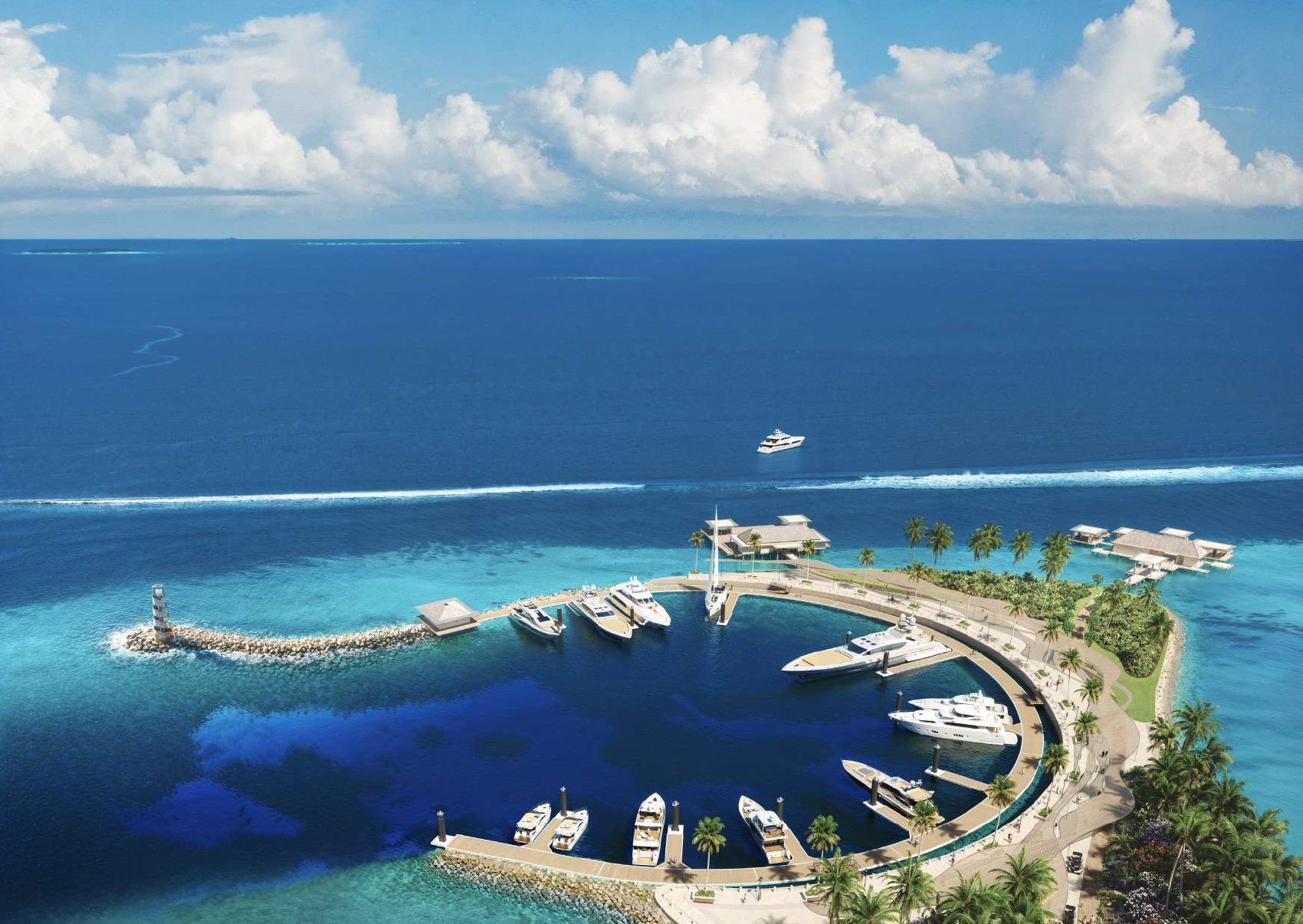 An aerial view of a luxury harbor with yachts and boats, a small lighthouse, and overwater bavilions, with a vast blue ocean and sky filled with clouds in the background.