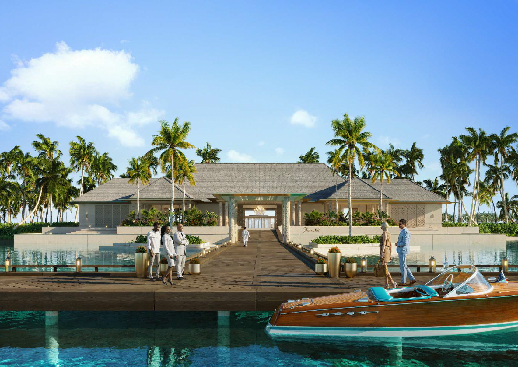 Luxury waterfront building with palm trees, people dressed in formal attire, and a boat docked at the marina under a blue sky.
