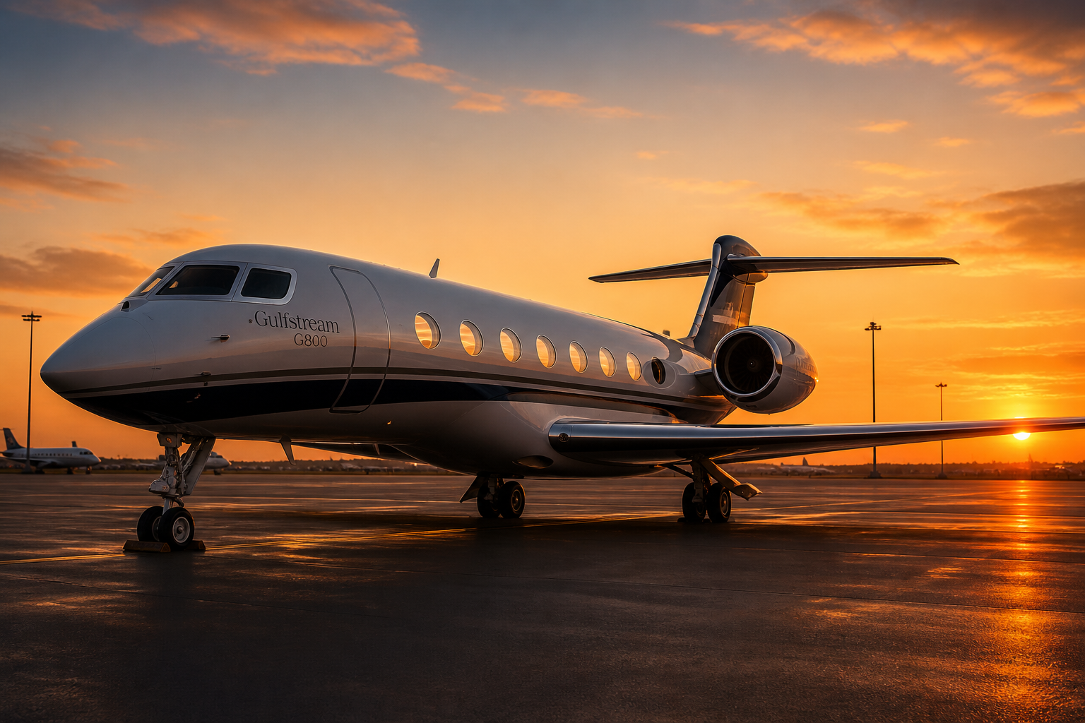 Private Gulfstream G800 jet on tarmac at sunset.