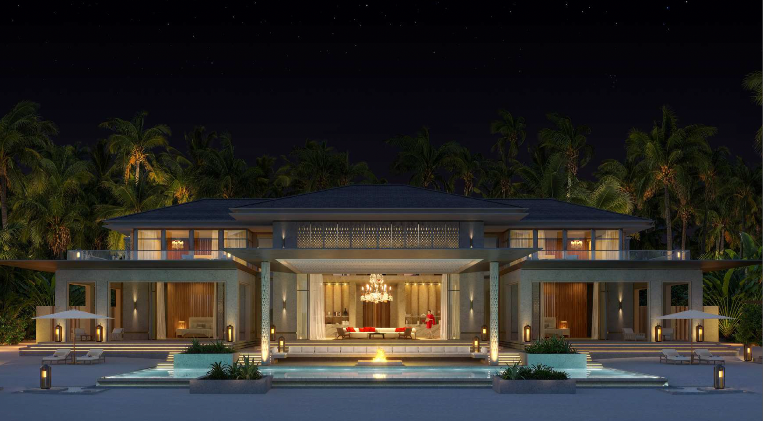Night view of a modern luxurious house with a lit interior, outdoor patio area with furniture, surrounded by palm trees under a starry sky.